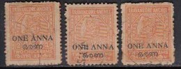 3 Diff., Shade / Perf., Variety, One Anna, Travancore Cochin Used 1949 - Travancore-Cochin