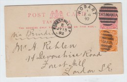 Tasmania/UK UPRATED POSTAL CARD 1892 - Covers & Documents