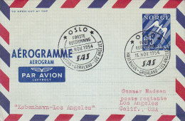 Norway Airmail Aerogramme SAS OSLO-KØBENHAVN-GRØNLAND-LOS ANGELES 1. Flight Cover 1954 !! - Covers & Documents