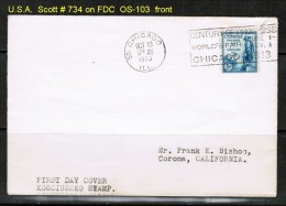 U.S.A.  SCOTT # 734 On FDC ---CHICAGO (OCT. 13 1933) - 1851-1940