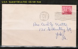 U.S.A.  SCOTT # 736 On FDC ---ST. MARY'S CITY, M.D. (MARCH 23 1934) - 1851-1940