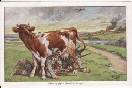 Carte Postale Fantaisie Dessin- Arthur THIELE Deckung Gegen Feindliche Flieger- Militaire Allemand-Vache-Stempel 87 Reg - Thiele, Arthur