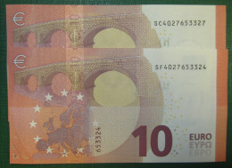 2x 10 EURO S002 SC+SF Nine Equal Numbers ITALY  ITALIA Draghi Perfect UNC - 10 Euro