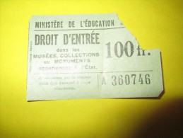 Ministére De L´Education Nationale/ Ticket D´entrée / Musées, Collections Et Monuments  / De L´Etat /Vers 1950     VP665 - Non Classés