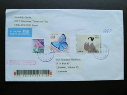 Cover Sent From Japan To Lithuania Registered Insect Butterfly Papillon Flowers - Covers & Documents