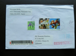 Cover Sent From Japan To Lithuania Registered Flowers Flora Fruits - Brieven En Documenten