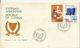 CYPRUS 1975 - FDC - DISABLED YEAR - 25 YEARS COUNCIL OF EUROPE DES 2 W 2 STS OF 30-100 POSTM CYPRUS FEB 17 1975 RE GRE3 - Brieven En Documenten