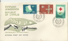 CYPRUS 1975 – FDC 3 STAMPS SUBJECTS: INTL NURSE’S DAY – INTL WOMEN YEAR – 25 YEARS RED CROSS POSTM AUG 4,1975 REGRE356 - Brieven En Documenten