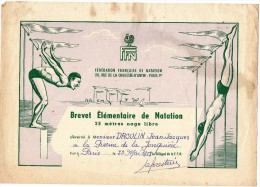 F.F.N  -  Brevet Elémentaire De Natation  -  Piscine De La Jonquière  -  Paris 17éme Arrdt.  - 23 Mai 1958 - Diplômes & Bulletins Scolaires