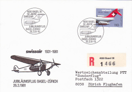 173A  SWISSAIR  1931-1981, JUBILAUMSFLUG BASEL-ZURICH REGISTRED COVER - Premiers Vols