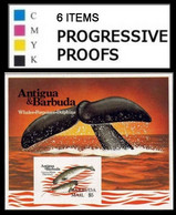 ANTIGUA BARBUDA 1983 Unicorn Narwhal Whales $5 PROGRESSIVE PROOFS:6 Items - Ballenas