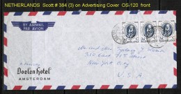 NETHERLANDS   SCOTT # 384 (3) On 1961  "DOELEN HOTEL" ADVERTISING COVER TO NEW YORK (8/XI/1961) - Covers & Documents