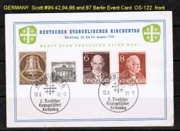 GERMANY   WITH BERLIN Scott #9N 42,94,86 And 87 STAMPS ON EVENT CARD TO "WEST NEWTON,MASS." HAMBURG (13/8/53) CANCEL - Brieven En Documenten