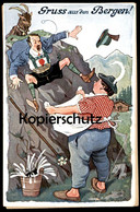 ALTE LITHO POSTKARTE GRUSS AUS DEN BERGEN Steinbock Souvenir Montagnes Humor Humour Ziege Goat Chèvre Spyglass Fernglas - Saluti Da.../ Gruss Aus...