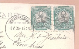 2 TWO SOUTH AFRICA 1/2 D STAMPS USED AT JOHANNESBURG ON A RP VICTORIA FALLS RHODESIA USED Zimbabwe SOUTHERN RHODESIA - Afrique Du Sud