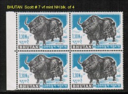 BHUTAN    Scott  # 7**  VF MINT NH BLOCK Of 4 - Bhoutan