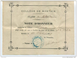 Note D´Honneur - Valeur: 5 - Collège De Mortain 1889 - Manche - Billet D´Honneur - Bon Point - Diplômes & Bulletins Scolaires