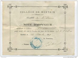 Note D´Honneur - Valeur: 5 - Collège De Mortain 1889 - Manche - Billet D´Honneur - Bon Point - Diplômes & Bulletins Scolaires