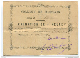 Exemption De 4 Heures - Collège De Mortain 1890 - Manche - Billet D´Honneur - Bon Point - Diplômes & Bulletins Scolaires