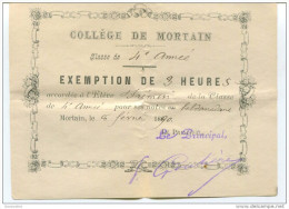 Exemption De 3 Heures - Collège De Mortain 1890 - Manche - Billet D´Honneur - Bon Point - Diplomi E Pagelle