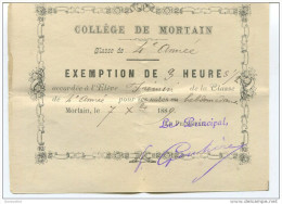 Exemption De 3 Heures 1/2 - Collège De Mortain 1889 - Manche - Billet D´Honneur - Bon Point - Diplômes & Bulletins Scolaires