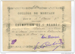 Exemption De 3 Heures - Collège De Mortain 1889 - Manche - Billet D´Honneur - Bon Point - Diplômes & Bulletins Scolaires