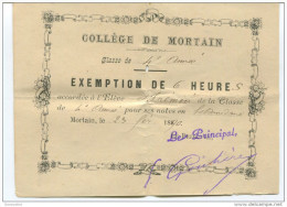 Exemption De 6 Heures - Collège De Mortain 1890 - Manche - Billet D´Honneur - Bon Point - Diplômes & Bulletins Scolaires