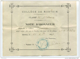 Note D´Honneur - Valeur: 5 - Collège De Mortain 1889 - Manche - Billet D´Honneur - Bon Point - Diplômes & Bulletins Scolaires