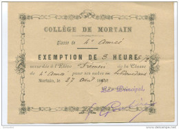 Exemption De 3 Heures 1/2 - Collège De Mortain 1890 - Manche - Billet D´Honneur - Bon Point - Diplomi E Pagelle