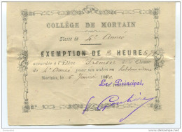 Exemption De 3 Heures 1/2 - Collège De Mortain 1890 - Manche - Billet D´Honneur - Bon Point - Diplomi E Pagelle