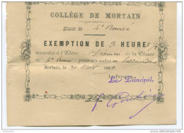 Exemption De 3 Heures 1/2 - Collège De Mortain 1889 - Manche - Billet D´Honneur - Bon Point - Diplome Und Schulzeugnisse