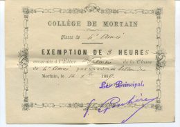 Exemption De 3 Heures - Collège De Mortain 1889 - Manche - Billet D´Honneur - Bon Point - Diplome Und Schulzeugnisse