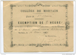 Exemption De 3 Heures 1/2 - Collège De Mortain 1890 - Manche - Billet D´Honneur - Bon Point - Diplome Und Schulzeugnisse