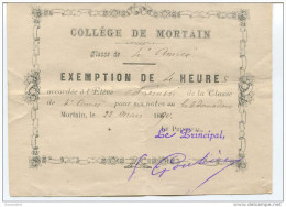 Exemption De 4 Heures - Collège De Mortain 1890 - Manche - Billet D´Honneur - Bon Point - Diplome Und Schulzeugnisse