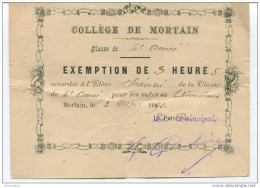 Exemption De 3 Heures - Collège De Mortain 1890 - Manche - Billet D´Honneur - Bon Point - Diplome Und Schulzeugnisse