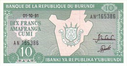 BURUNDI    10 Francs  Emission Du 01-10-1991   Pick 33b    ***** BILLET  NEUF ***** - Burundi