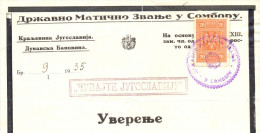 Kingdom YU. Fiscal  Revenue Tax Stemps On  Sombor Document . 1934. - Storia Postale