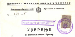 Kingdom YU. Fiscal  Revenue Tax Stemps On  Sombor Document . 1934. - Briefe U. Dokumente