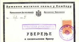Kingdom YU. Fiscal  Revenue Tax Stemps On  Sombor Document . 1934. - Briefe U. Dokumente
