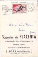 MONACO - COLLECTION SOCA - METHODE FILATOV - SUSPENSION DE PLACENTA - LE 19-4-1956. - Brieven En Documenten