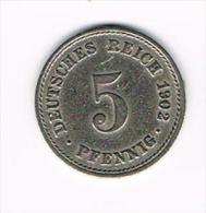 ¨ DEUTSCHES REICH  5 PFENNIG 1902 A - 5 Pfennig