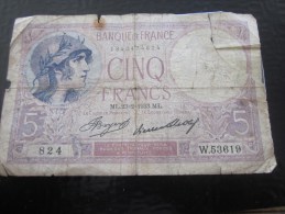 Billet De La Banque De France >1933 VIOLET   >> 5F Cinq Francs  >>>>    Vendu En L'état - 5 F 1917-1940 ''Violet''