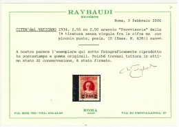 VATICANO - SERIE PROVVISORIA - SASS. A38i  I° TIRATURA SENZA VIRGOLA - CERTIFICATO RAYBAUDI - NUOVO GOMMA INTEGRA ** MNH - Varietà E Curiosità