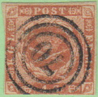 DEN SC #4  Royal Emblems  4 Margins (close @ BL)  "70" (Svendborg) In Concentric Circles, CV $15.00 - Used Stamps
