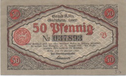 Billet 50 Pfennig 1922 Stadt Köln N° 037893 - Administración De La Deuda