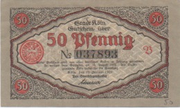 Billet 50 Pfennig 1922 Stadt Köln N° 037893 - Imperial Debt Administration