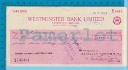 Westminster Bank  "2379 Li-11-3" ( Liverpool 1963 Stamp Duty Paid Perforated Cancel )   Recto/verso - Schecks  Und Reiseschecks