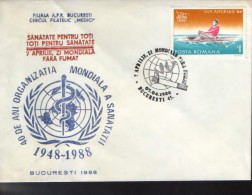 Romania- Occasionally Cover 1988 - Medicine, 40 Years, The World Health Organization,7 April, World No Smoking Day - OMS