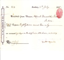 BRITISH INDIA 1935 MONEY RECEIPT OF C M GOBHAI & CO. - IMPRINTED ONE ANNA DOCUMENT FEE STAMP, BOMBAY - Sin Clasificación