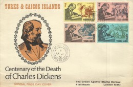 Turks And Caicos Islands 1970 Centenary Of The Death Of Charles Dickens FDC - Turks And Caicos